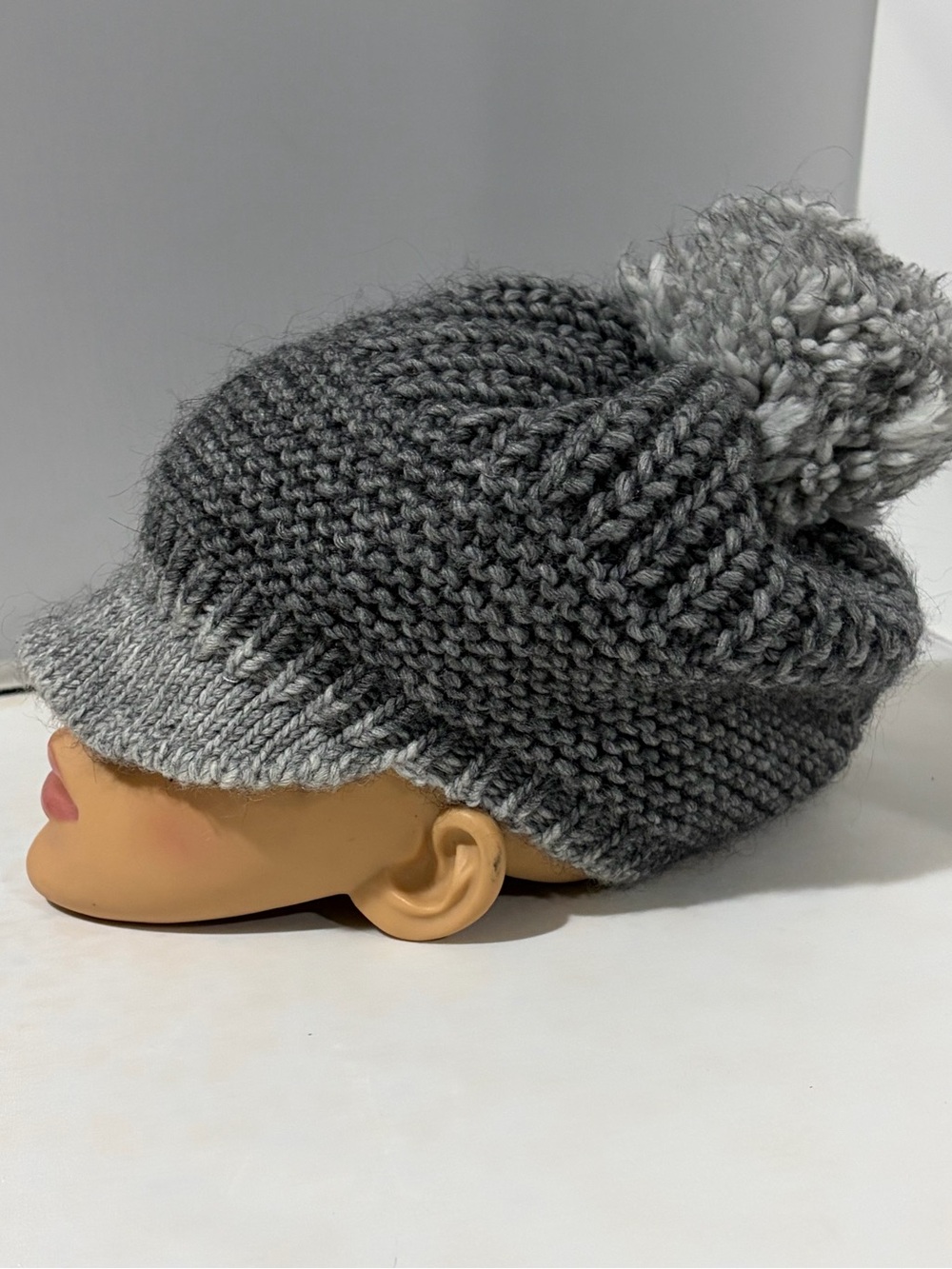 Cozy Gray Knit Visor Beanie with Pom
